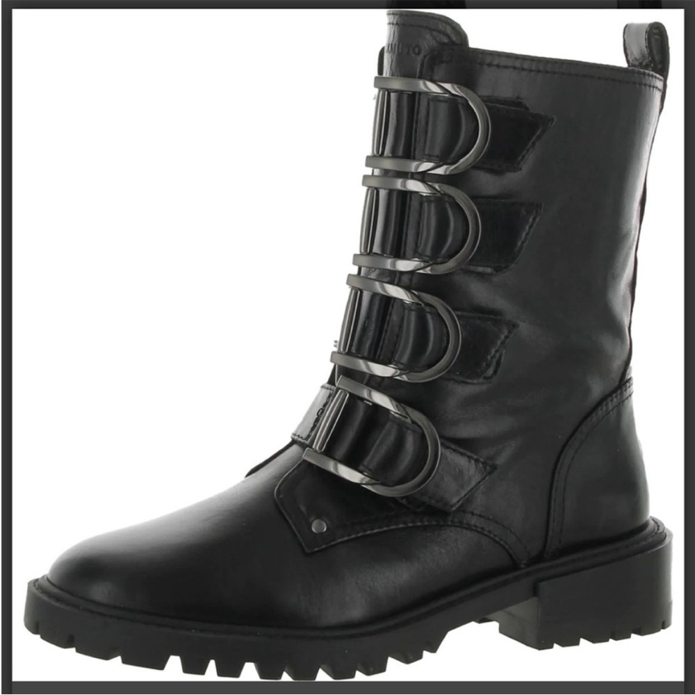 Vince Camuto Black Leather Buckle Combat Boots